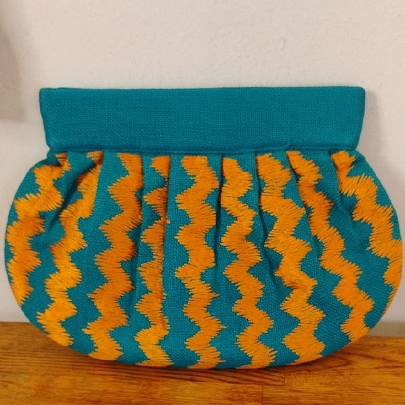 Moyna Handbags - Moyna Blue and Orange Zigzag Clutch